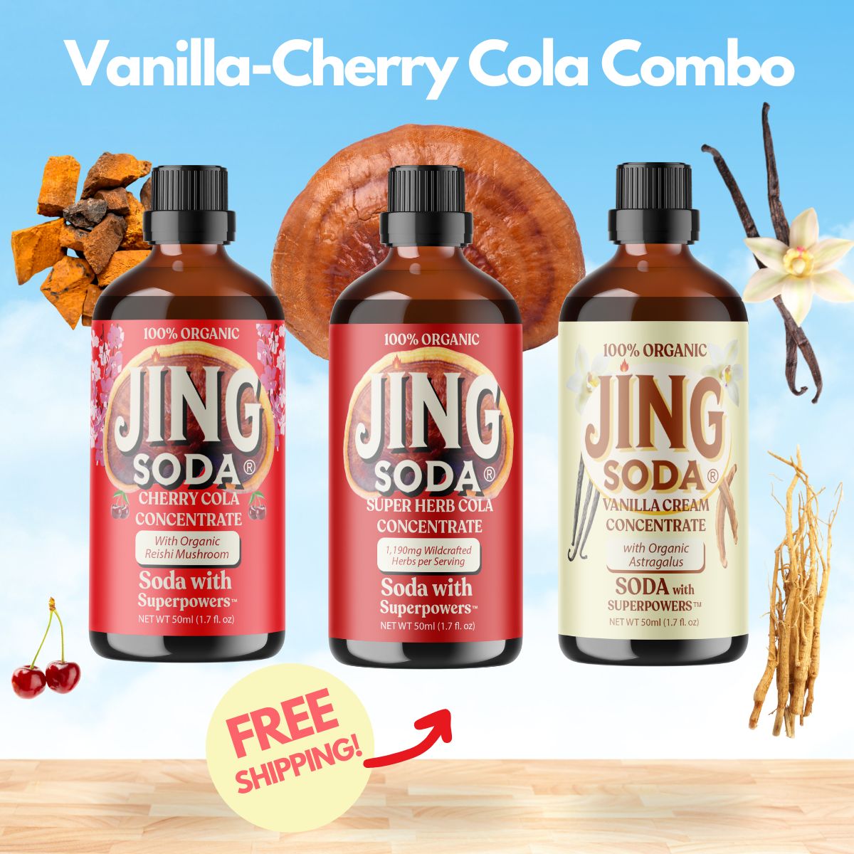 Jing Soda, Vanilla Cherry Super Cola, 50mL (3 Pack)