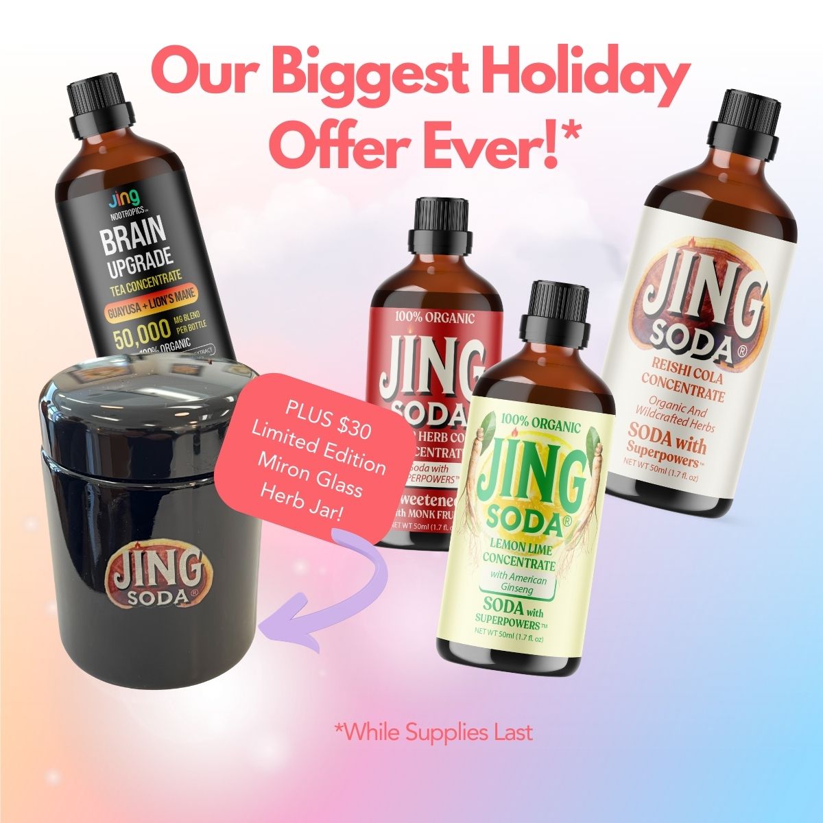 Buy 5, Get 3 Jing Soda + 1 Brain Upgrade + Miron Glass Logo Jar!!