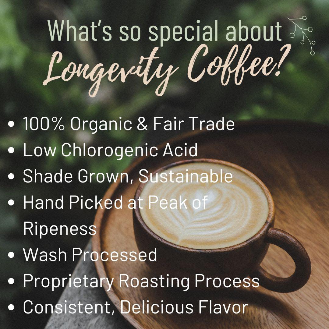 Longevity Coffee DARK Roast Beans, 5 lb BULK BAG WHOLE BEANS
